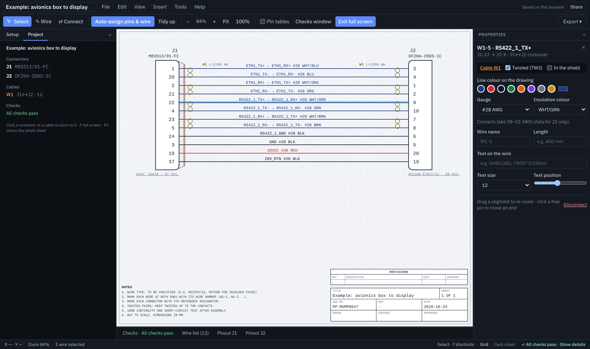 The Pinloom harness workspace: a Micro-D to DF20 harness with twisted pairs crossed TX to RX, the properties of a wire and the checks